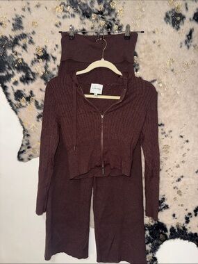 Pink Rose Ribbed Zip Hoodie & Knit Wide-Leg Pants Set in chocolate